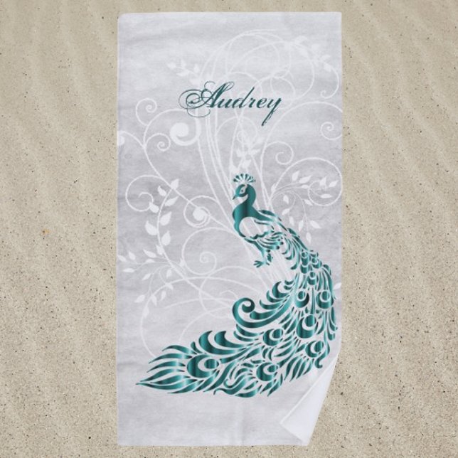 Toalha De Praia Teal Peacock Personalizado Beach Towel (Teal Peacock Personalized Beach Towel)