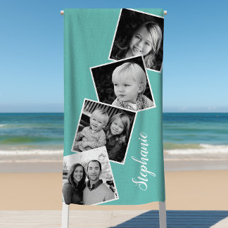 Toalha De Praia Teal Personalizado De 4 Folhas De Filme De Colagem
