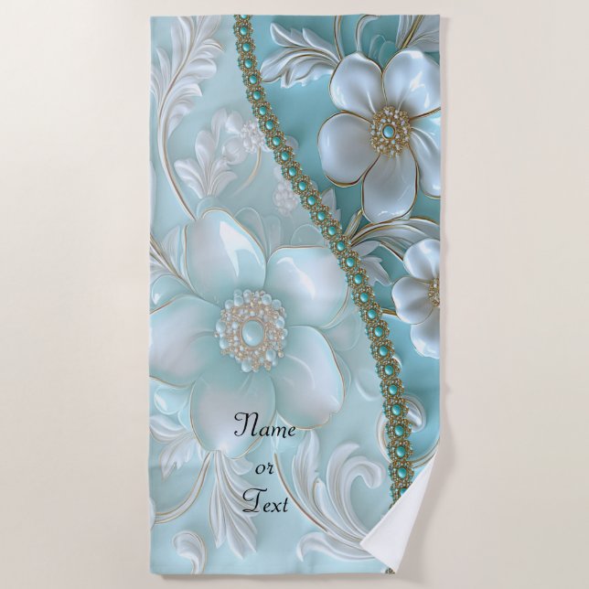 Toalha De Praia Teal White Floral Beach Towel (Frente)