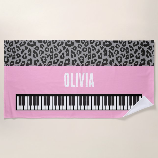 Toalha De Praia Teclado Piano Personalizado Músico Rosa (Frente)