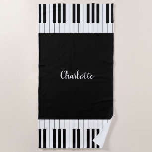 Toalha De Praia Teclado Piano, Preto e Branco