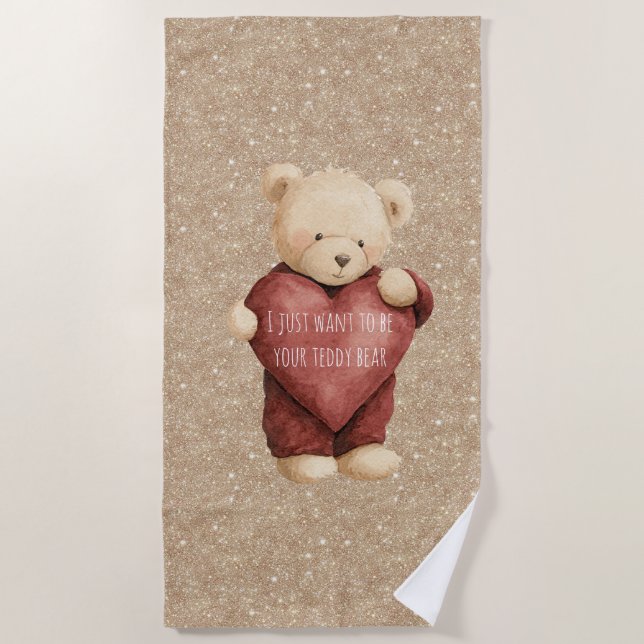 Toalha De Praia Teddy Bear Red Heart Gold Glitter (Frente)