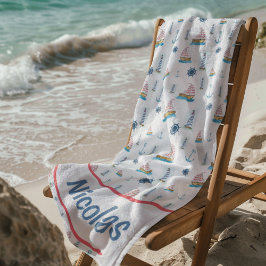 Toalha De Praia Tema Náutico Aquarela Personalizado