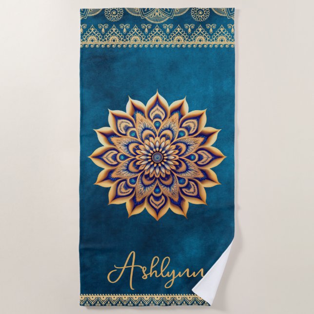 Toalha De Praia Tendy Blue Mandala Elegante Yoga Personalizável (Frente)