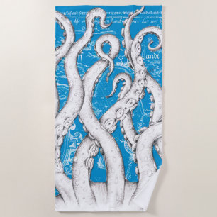 Toalha De Praia Tentáculos Brancos Octopus Vintage Map Azul Náutic
