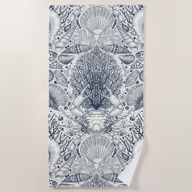 Toalha De Praia Tesouros de praia, conchas marinhas, caranguejo, c (Frente)