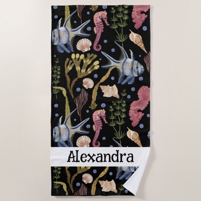 Toalha De Praia Tesouros Submarinos - Peixes, Conchas, Cavalos Mar (Frente)