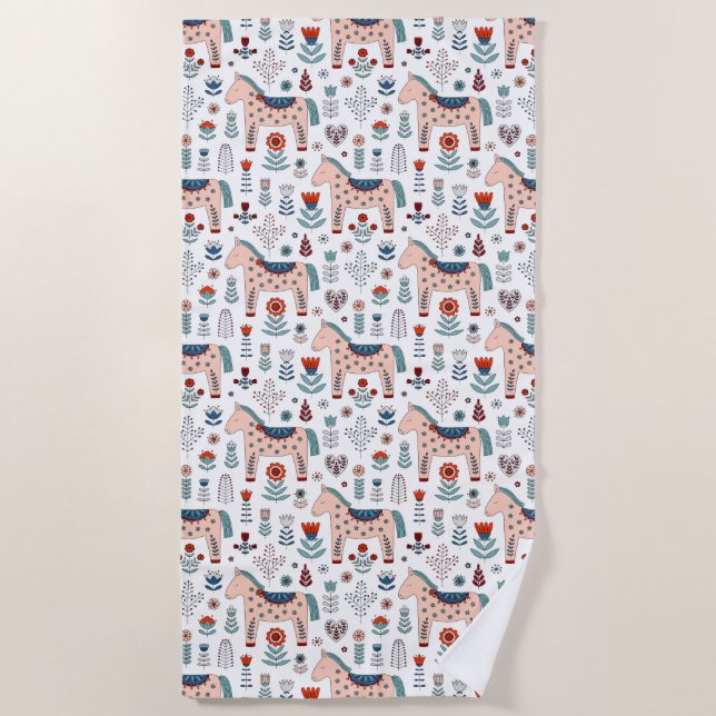 Toalha De Praia Teste padrão escandinavo da arte popular do cavalo (Frente)