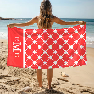 Toalha De Praia Teste padrão geométrico branco vermelho do