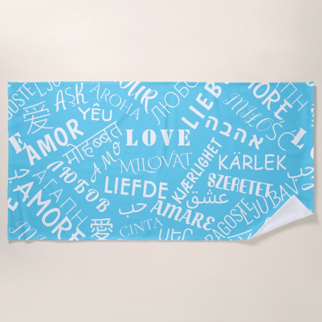 Toalha De Praia Texto Azul Praia com Amor Multiidioma (Frente)