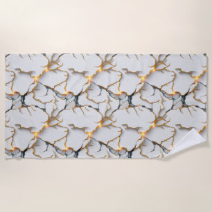 Toalha De Praia Textura de Mármore Branco com Veias Douradas Brilh