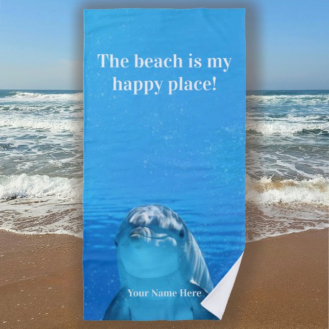 Toalha De Praia The Beach is my Happy Place Blue Dolphin Beach (The Beach is my Happy Place - Blue Ocean - Personalized - Dolphin)