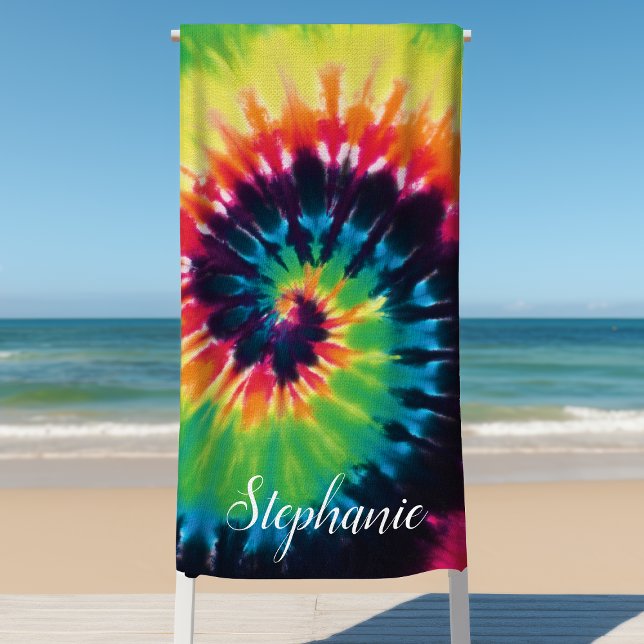 Toalha De Praia Tie Dye Swirl Rainbow Retro Personalizado Verão (Criador carregado)