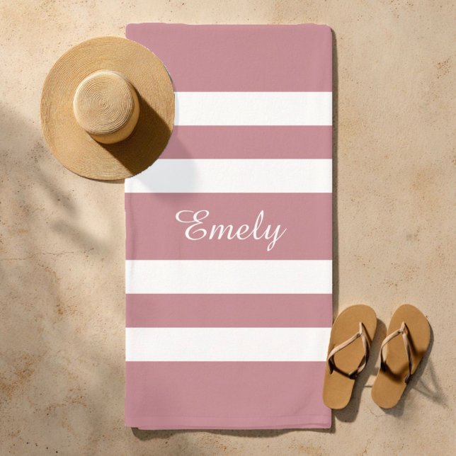 Toalha De Praia Tinta Rosa Moderna, Rasgada (Modern Dusty Pink Striped Name Beach Towel)