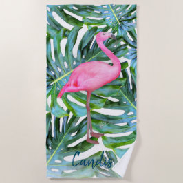 Toalha De Praia Tinta-Rosa Personalizada Flamingo Tropical Deixa M