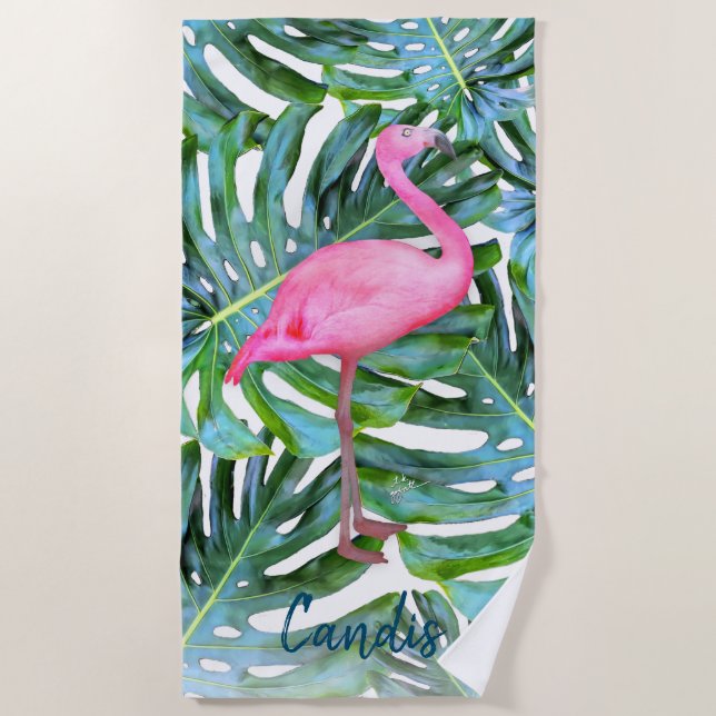 Toalha De Praia Tinta-Rosa Personalizada Flamingo Tropical Deixa M (Frente)