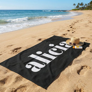 Toalha De Praia Tipografia Moderna Nome Personalizado Preto Branco