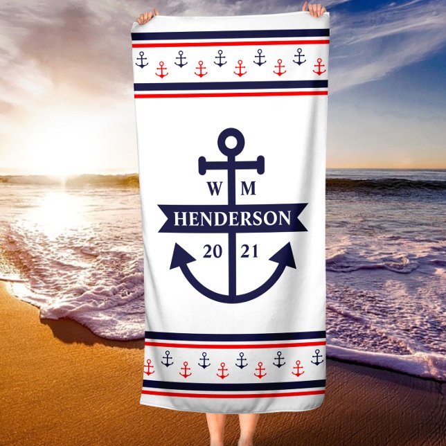 Toalha De Praia Torre de praia de anchor personalizada monograma (Personalized Monogram Anchor Beach Towel)