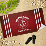 Toalha De Praia Torre de praia Design Vermelha Náutica<br><div class="desc">Diversão e moda riscada,  desenho personalizado com corda e âncora tranquilos.</div>