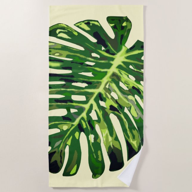 Toalha De Praia Torre Praia de Folhas Tropicais - Cores Personaliz (Frente)