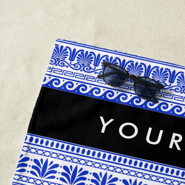 Toalha De Praia Traço Grego, Chave Mista, Azul, Seu Nome (In Situ)