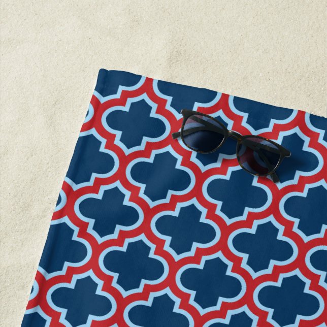 Toalha De Praia Trellis, Latice, Quatrefoil, azul e vermelho marro (In Situ)