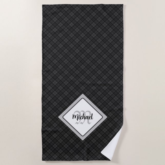 Toalha De Praia Trendy Black White Tartan Personalize Monograma (Frente)