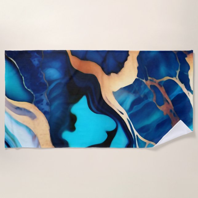 Toalha De Praia Trendy Blue Dourado mármore azul amarelo (Frente)