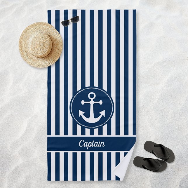 Toalha De Praia Trilhas Azuis de Marinho Ancora Náutica (Captain Nautical Anchor Rope Navy Blue Stripes Beach Towel)