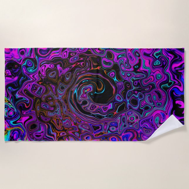 Toalha De Praia Trippy Black and Magenta Retro Liquid Swirl (Frente)