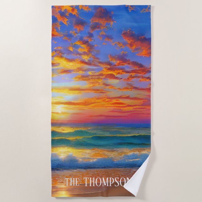 Toalha De Praia Tropical Clear Ocean Sunset com Nome Personalizado (Frente)