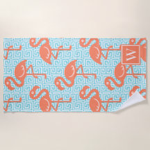 Tropical Flamingo Greek Key Coral & Turq Monogram