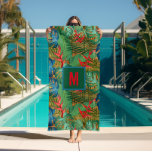 Toalha De Praia Tropical Monogramada no Wicker Impressão<br><div class="desc">Suas flores vermelhas tropicais,  helicófonas,  folhas azuis e verdes no padrão de impressão de wicker tecidas fazem uma toalha de praia de na moda verão. CORRESPONDENDO a itens na nossa loja.</div>