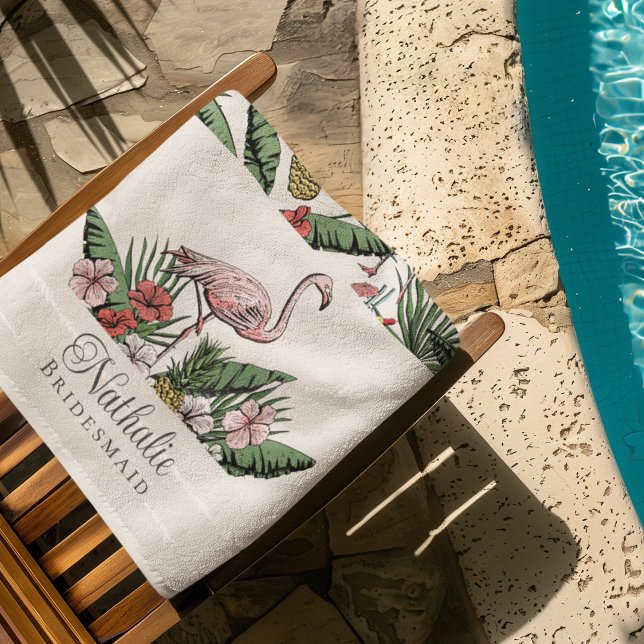 Toalha De Praia Tropical Rosa Flamingo Floral Tropical Ivory (Tropical Pink Flamingo Bridesmaid Beach / Pool Towels. Flamingo, Hibiscus Flowers, Pineapple, Drinks)