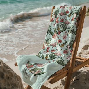 Toalha De Praia Tropical Rosa Flamingo Floral Turquesa