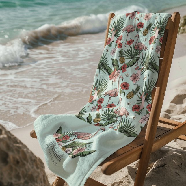 Toalha De Praia Tropical Rosa Flamingo Floral Turquesa (Tropical Pink Flamingo Bridesmaid Beach / Pool Towels. Flamingo, Hibiscus Flowers, Pineapple, Drinks)