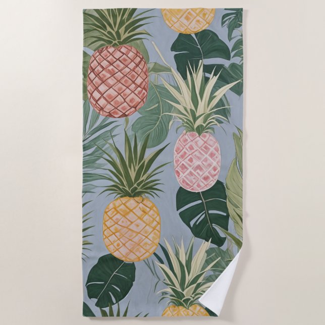 Toalha De Praia Tropical Serenity: Painted Pineapples and Palms  (Frente)