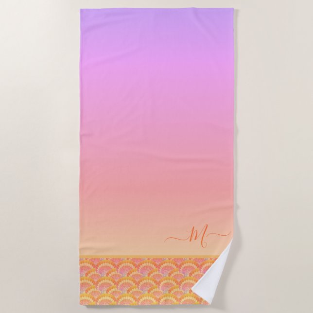 Toalha De Praia Tropical Sunset Ombre Seashell Shell Elegante (Frente)