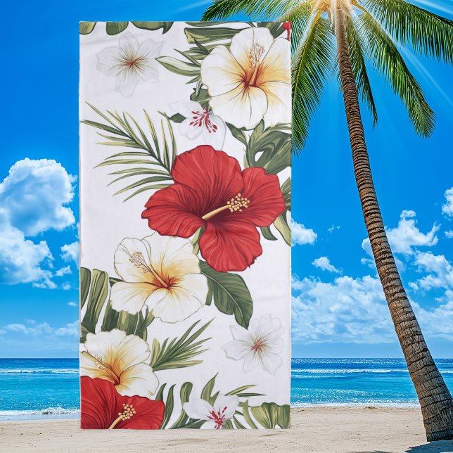 Toalha De Praia Tropical Vermelha e Branco Hibiscus Floral (Criador carregado)