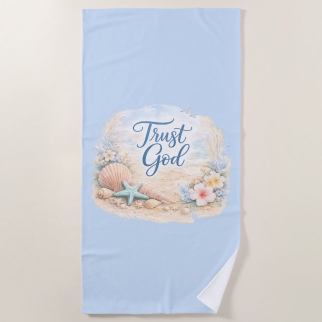 Toalha De Praia "Trust God" Coastal Beach Watercolor Christian (Frente)