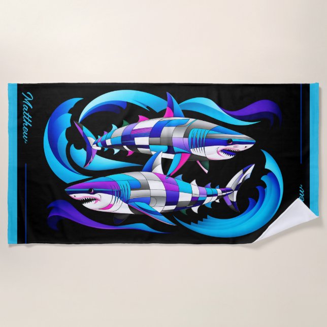 Toalha De Praia Tubarões brancos do Excelente moderno personalizáv (Frente)