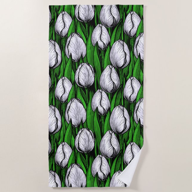 Toalha De Praia Tulipas brancas com folhas verdes (Frente)
