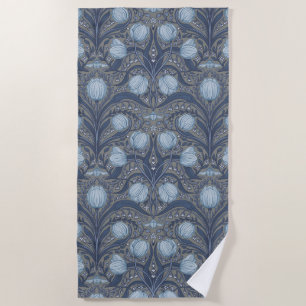 Toalha De Praia Tulipas Retro Nouveau em azul e estanho