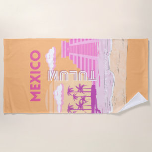 Toalha De Praia Tulum, Arte de Viagem, Arte Retrô, Rosa, Laranja