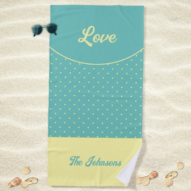 Toalha De Praia Turquesa Meio século Amarelo Portas Retro Verão (Love Turquoise Retro Dots Yellow Mid Century 50s Beach Towel ©Susanne Sachers - Sunny Mind Design)