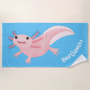 Toalha De Praia Um axolotl feliz, cor-de-rosa e bonito, personaliz