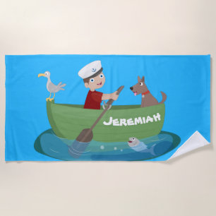 Toalha De Praia Um marinheiro e um cartoon de barco a remos de um