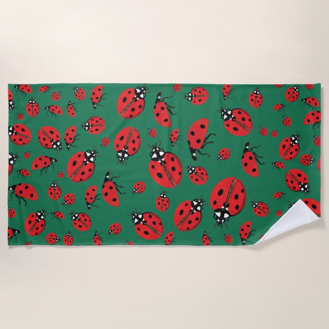 Toalha De Praia Um monte de Red Ladybugs Lucky Pattern Green (Frente)