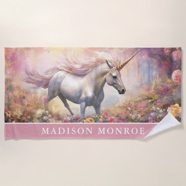 Toalha De Praia Unicorn Beach Towel com nome personalizado (Frente)