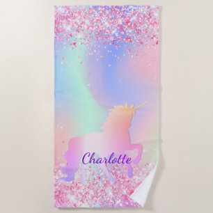 Toalha De Praia Unicorn blush pink roxo glitname girl